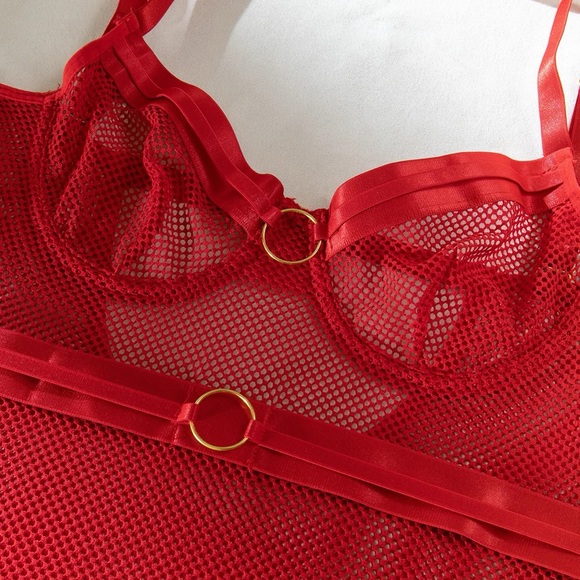 Red Fishnet Choker Bodysuit - Picture 11 of 16